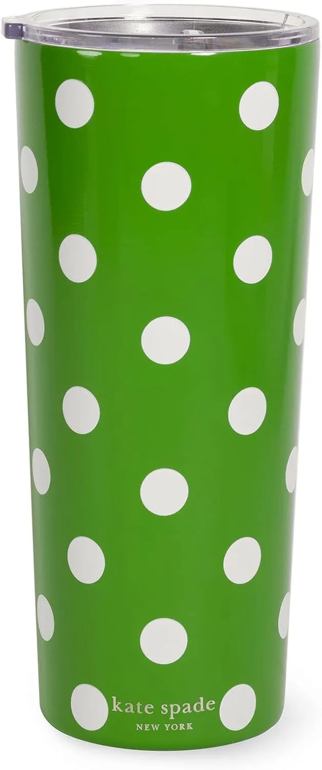 kate spade new york Cute Stainless Steel Mug, 24 Ounce Travel Tumbler, Double Wall Insulated Cup with Lid, Picture Dot (green)