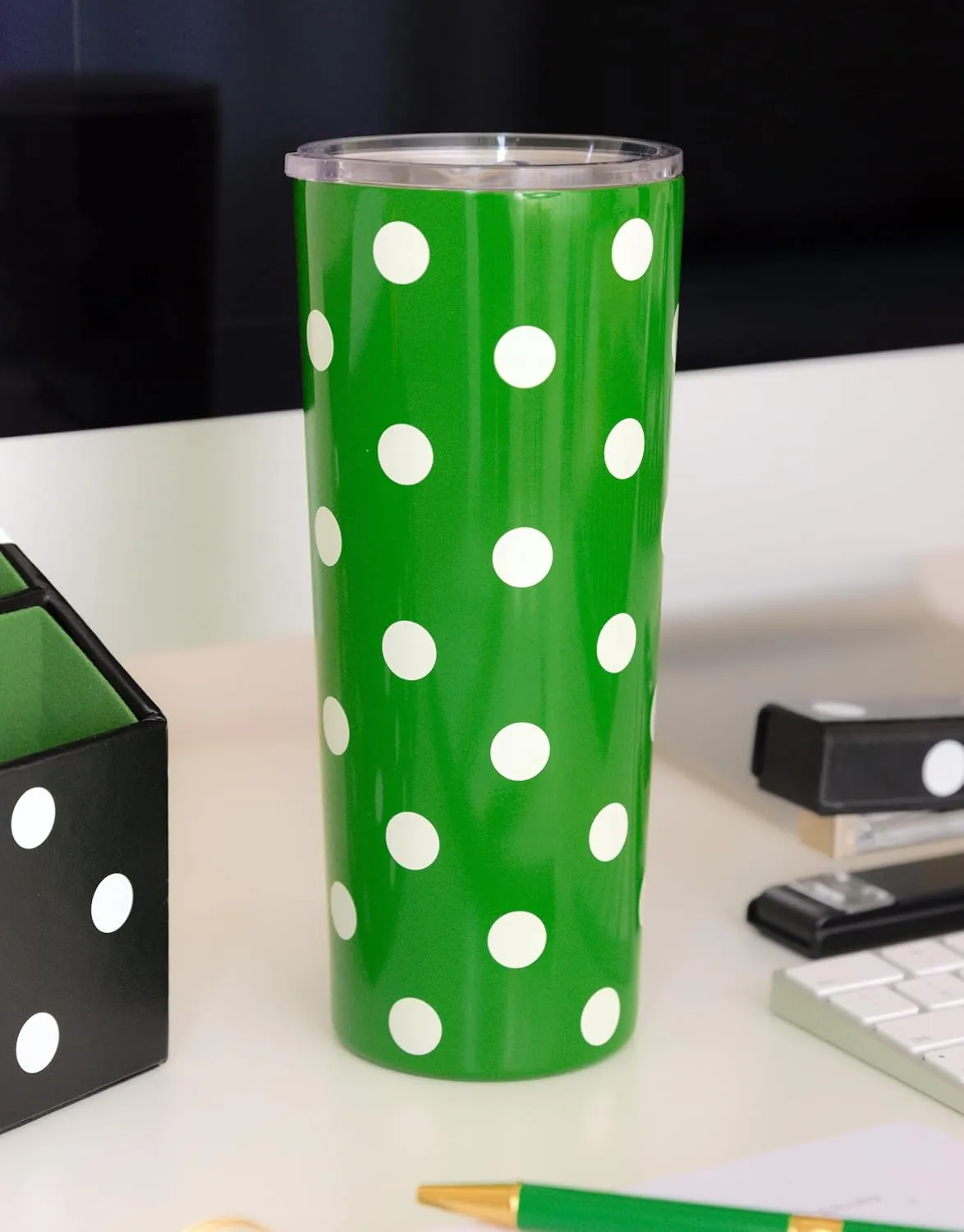 kate spade new york Cute Stainless Steel Mug, 24 Ounce Travel Tumbler, Double Wall Insulated Cup with Lid, Picture Dot (green)