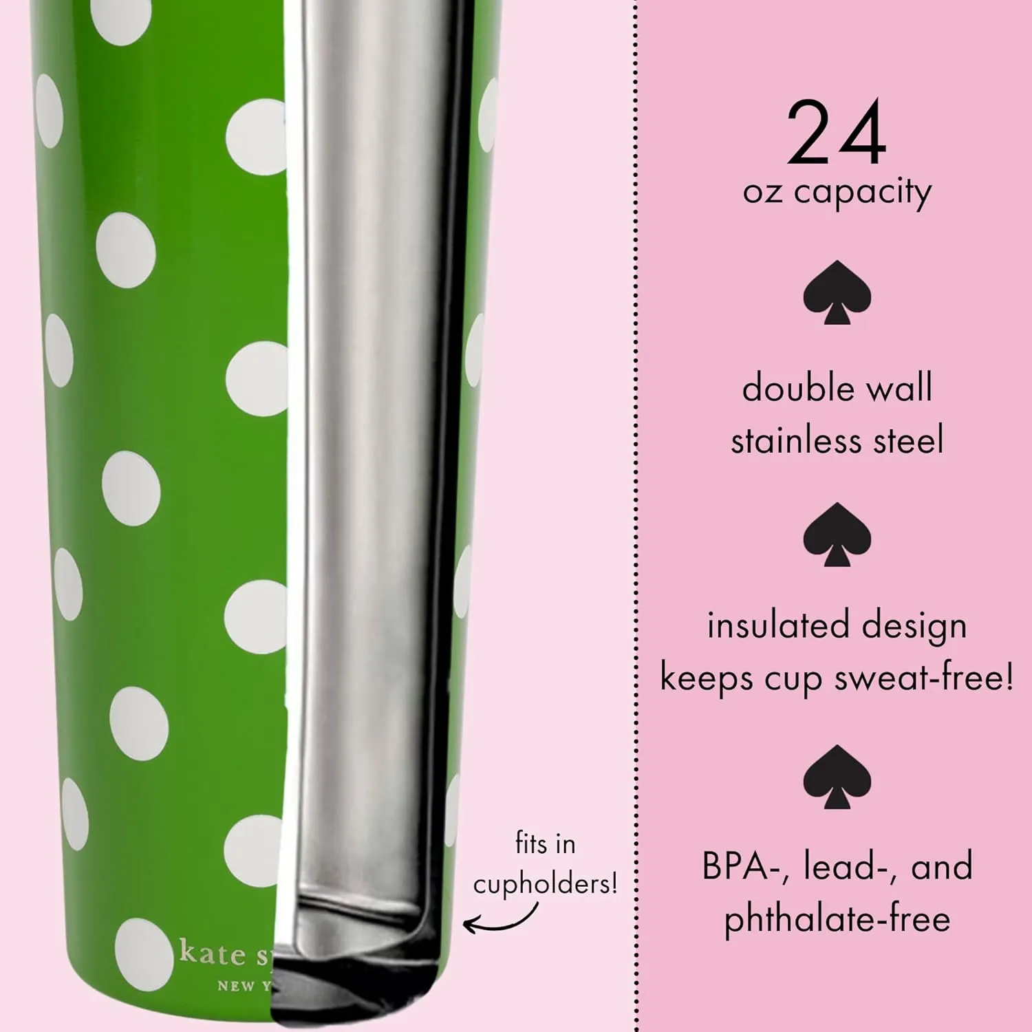 kate spade new york Cute Stainless Steel Mug, 24 Ounce Travel Tumbler, Double Wall Insulated Cup with Lid, Picture Dot (green)
