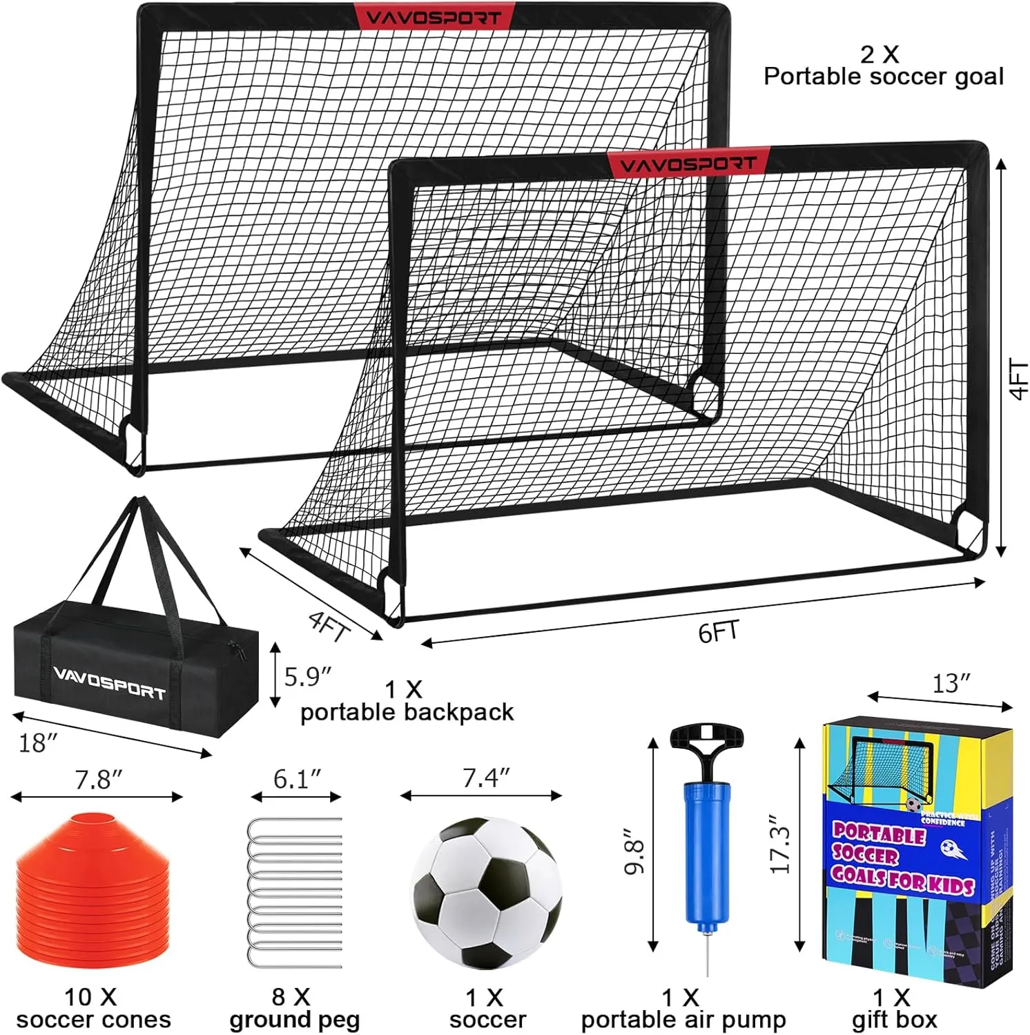 Kids Soccer Goals for Backyard Set - 2 of 6x4 ft Portable Soccer Goal Training Equipment, Practice Soccer Net with Soccer Ball, Cones, Bag, Soccer Set for Kids Youth Toddler Games, Sports Outdoor Play