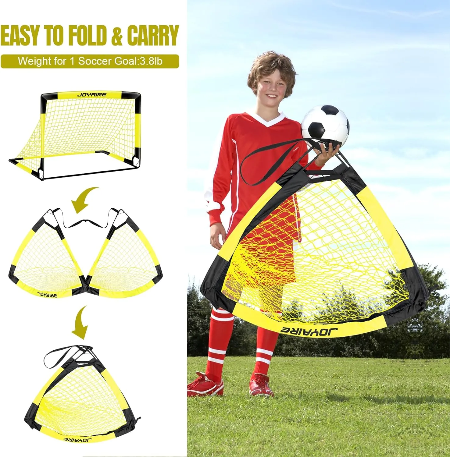 Kids Soccer Goals for Backyard Set, Portable Toddler Soccer Goal 2 of 6x4 ft, 4x3 ft, 7x5 ft, Soccer Training Equipment, Pop Up Soccer Net Kit with Size 4 Soccer Ball, Outdoor Sports Play, Youth Game