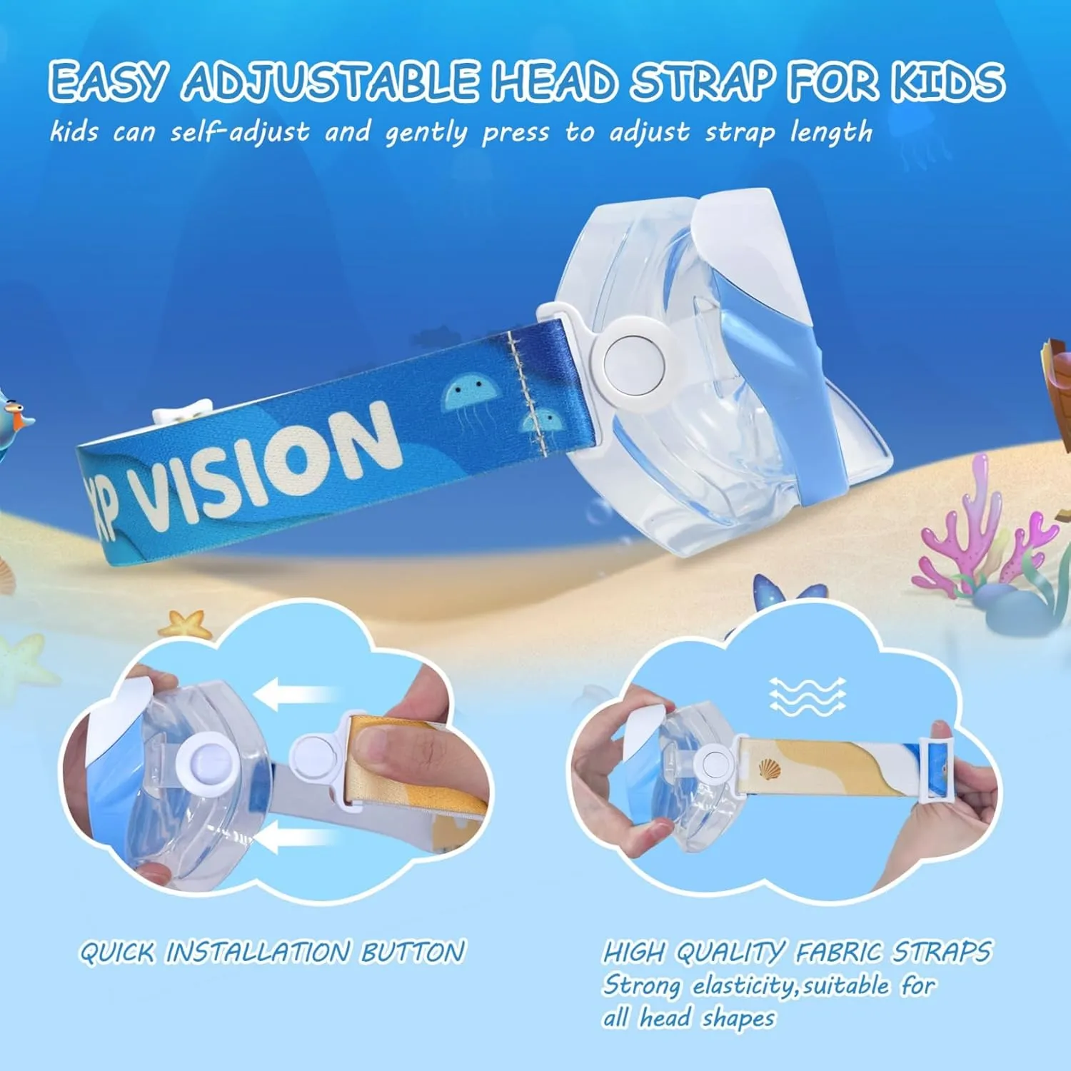 Kids Swim Mask - Ultimate 180° Kids Swim Goggles Anti-Fog Child Diving Mask Leak-Proof Kids Goggles with Nose Cover and Fabric Strap for Ages 4-14 for Swimming, Snorkeling Diving
