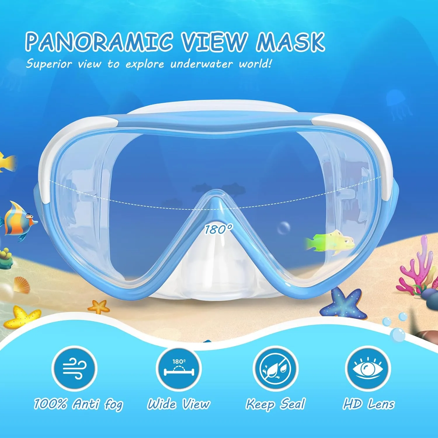 Kids Swim Mask - Ultimate 180° Kids Swim Goggles Anti-Fog Child Diving Mask Leak-Proof Kids Goggles with Nose Cover and Fabric Strap for Ages 4-14 for Swimming, Snorkeling Diving