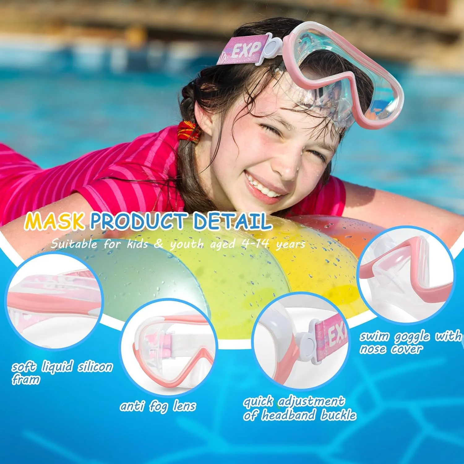 Kids Swim Mask - Ultimate 180° Kids Swim Goggles Anti-Fog Child Diving Mask Leak-Proof Kids Goggles with Nose Cover and Fabric Strap for Ages 4-14 for Swimming, Snorkeling Diving