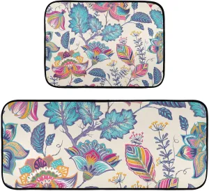 Kigai [2 PCS Vintage Flower Anti Fatigue Mats for Kitchen Floor Non-Slip Waterpoof Kitchen Rugs Soft and Cushioned Kitchen Mats for Standing, Floor, Office, Laundry, Sink