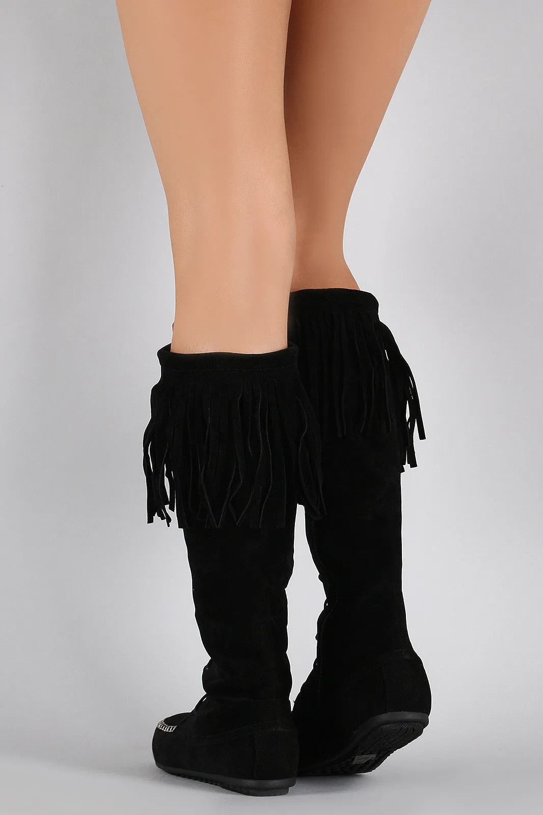 Knee Proactive Suede Fringe Price drop Flat High Lace Up Moccasin Boot