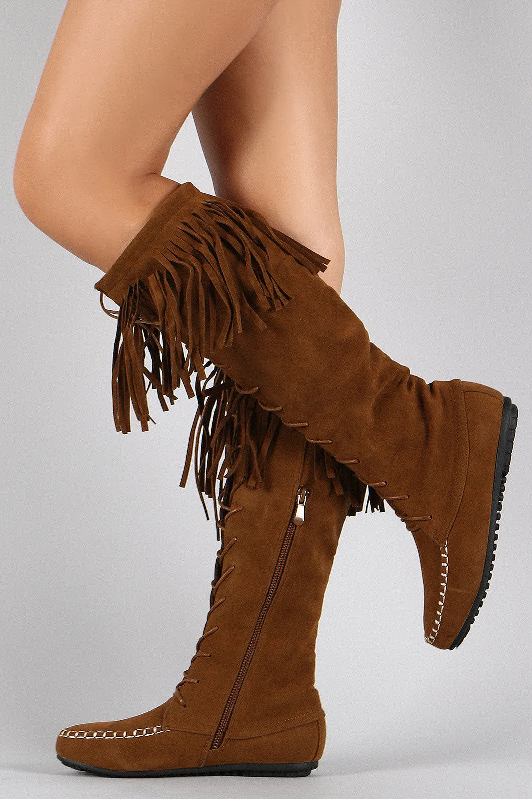 Knee Proactive Suede Fringe Price drop Flat High Lace Up Moccasin Boot