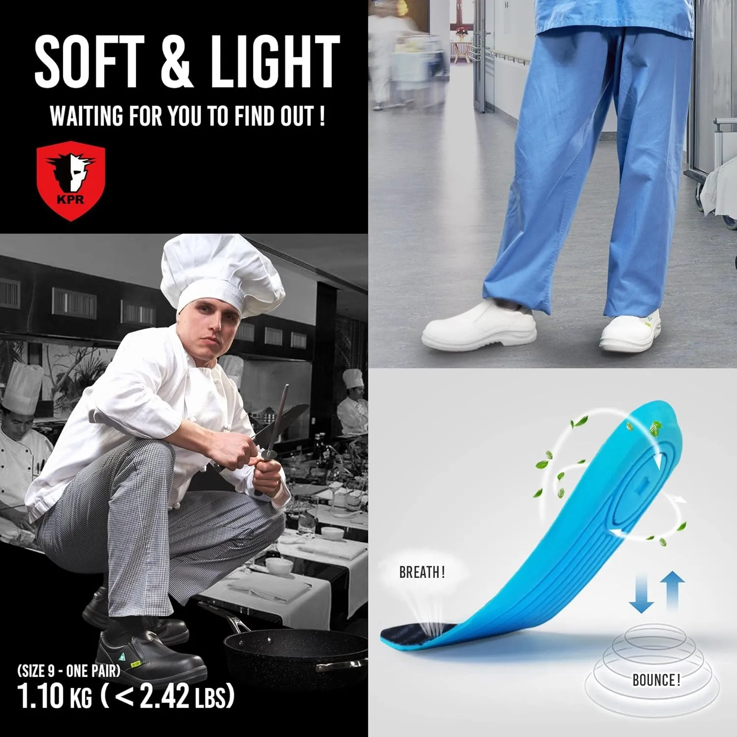 KPR Safety O807 Men's Slipon Clog Safety Shoes for Hospital Kitchen ASTM Approved Waterproof Premium Micro-Fibre Faux Leather Composite Toe Cap Antislip Electric Static Dissipation Wide Width