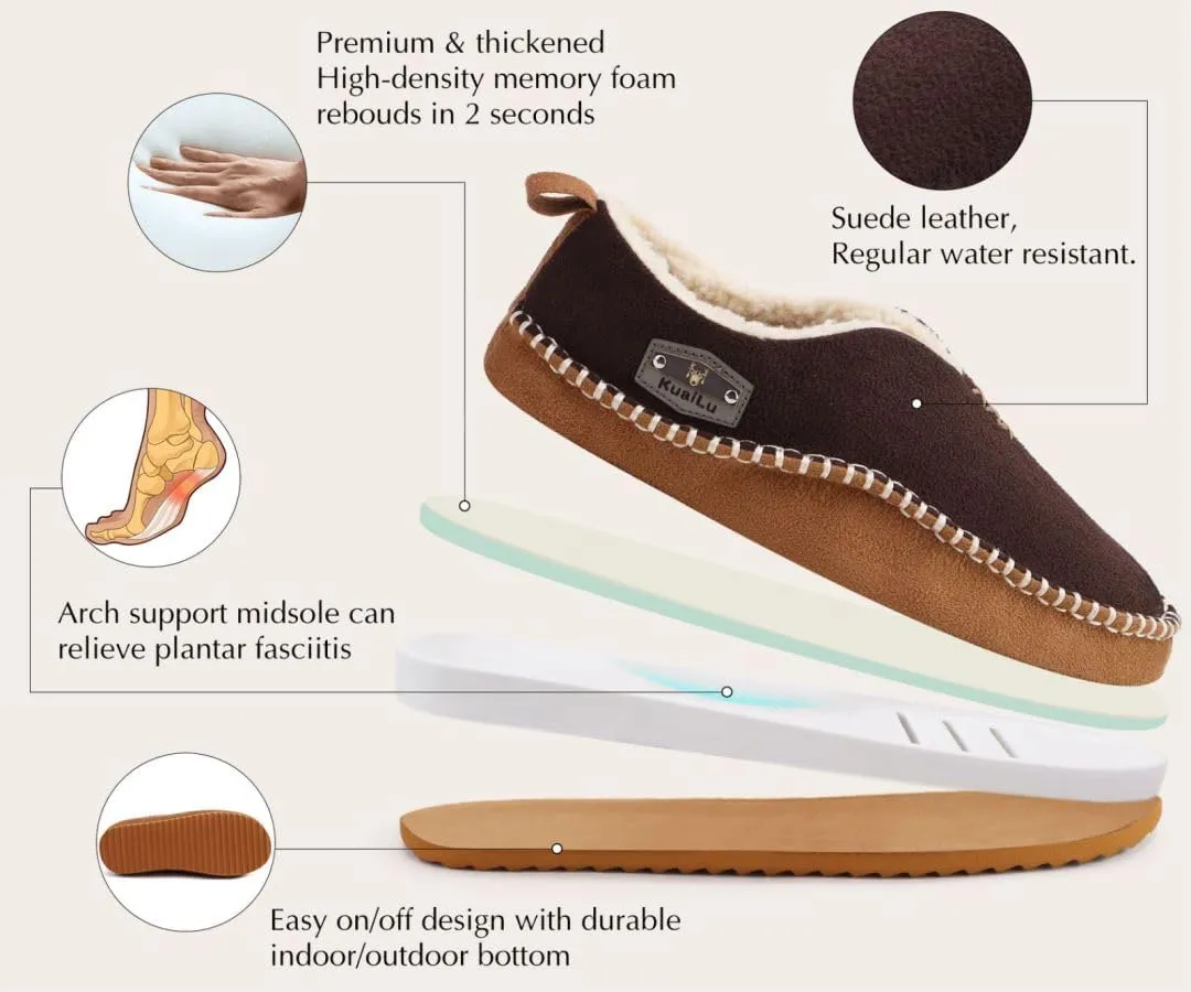 KuaiLu Men's Slippers Cozy Memory Foam House Slipper Shoes Warm Suede Winter Moccasins Slip-on Boots Slippers For Man with Fuzzy Sherpa Lining & Indoor/Outdoor Hard Rubber Sole
