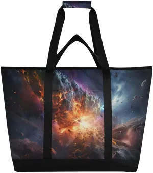 Large Insulated Reusable Tote Bag Asteroid Space Explosion for Grocery Shopping for Women Men, Cooler Bag with Zippered Top & Handles for Travel Beach Picnic