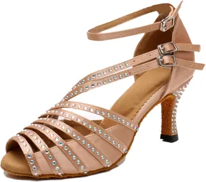 Latin Dancing Shoes for Women Ankle Strap Ballroom Dance Classes Heels Wedding Evening Sandals with Rhinestones X010A