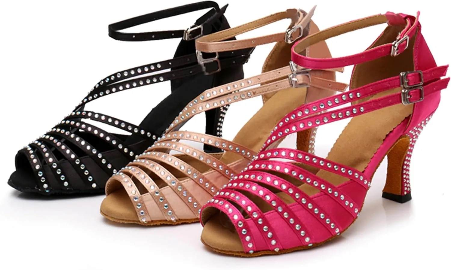Latin Dancing Shoes for Women Ankle Strap Ballroom Dance Classes Heels Wedding Evening Sandals with Rhinestones X010A