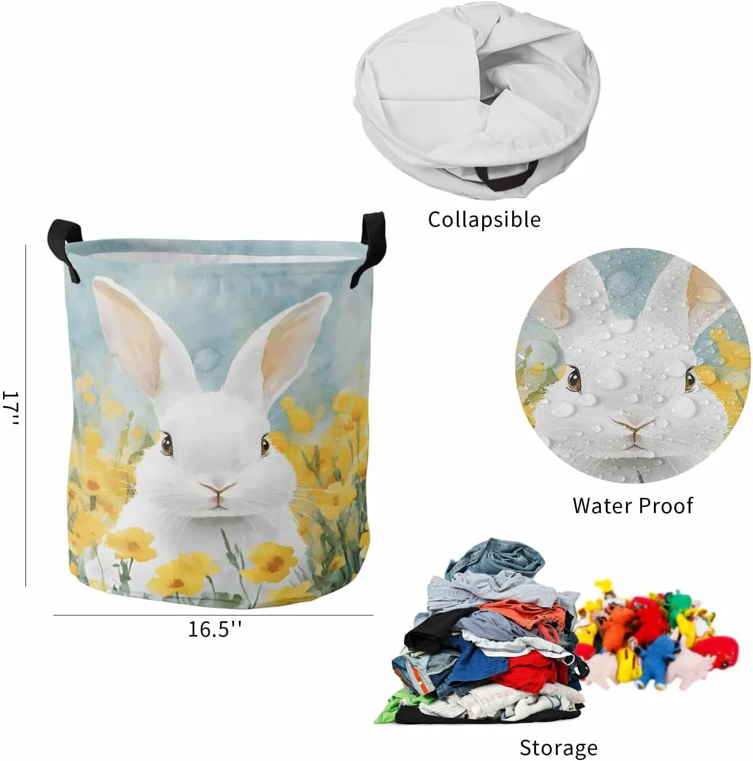 Laundry Baskets Easter Bunny Amongst Yellow Floral, Collapsible Laundry Hamper Dirty Clothes Basket with Handle, Storage Bag for Bathroom/Bedrooom Spring Pasture Landscape