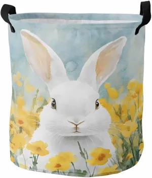 Laundry Baskets Easter Bunny Amongst Yellow Floral, Collapsible Laundry Hamper Dirty Clothes Basket with Handle, Storage Bag for Bathroom/Bedrooom Spring Pasture Landscape