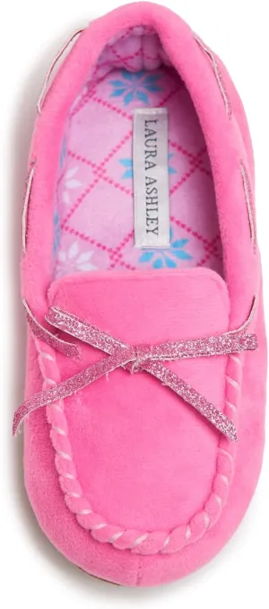 Laura Ashley Fleece Girls Moccasin Slippers, Indoor Outdoor Easy to Wear Home Shoes for Kids