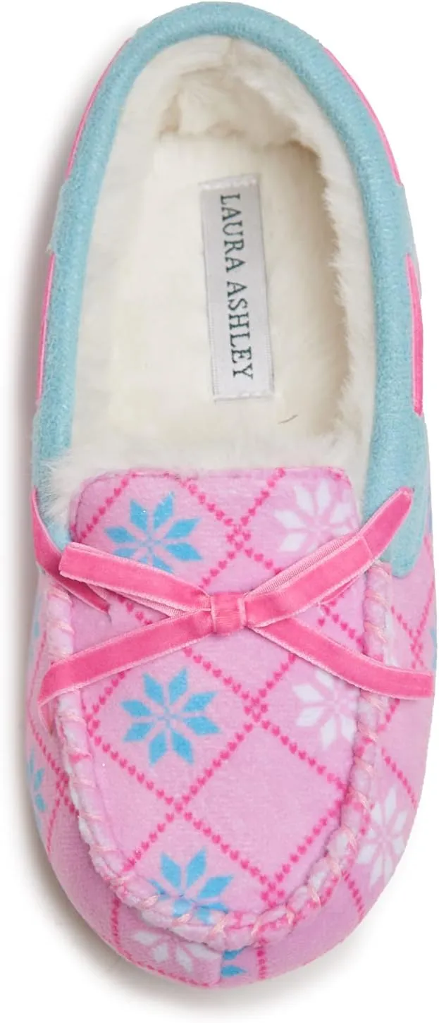 Laura Ashley Fleece Girls Moccasin Slippers, Indoor Outdoor Easy to Wear Home Shoes for Kids