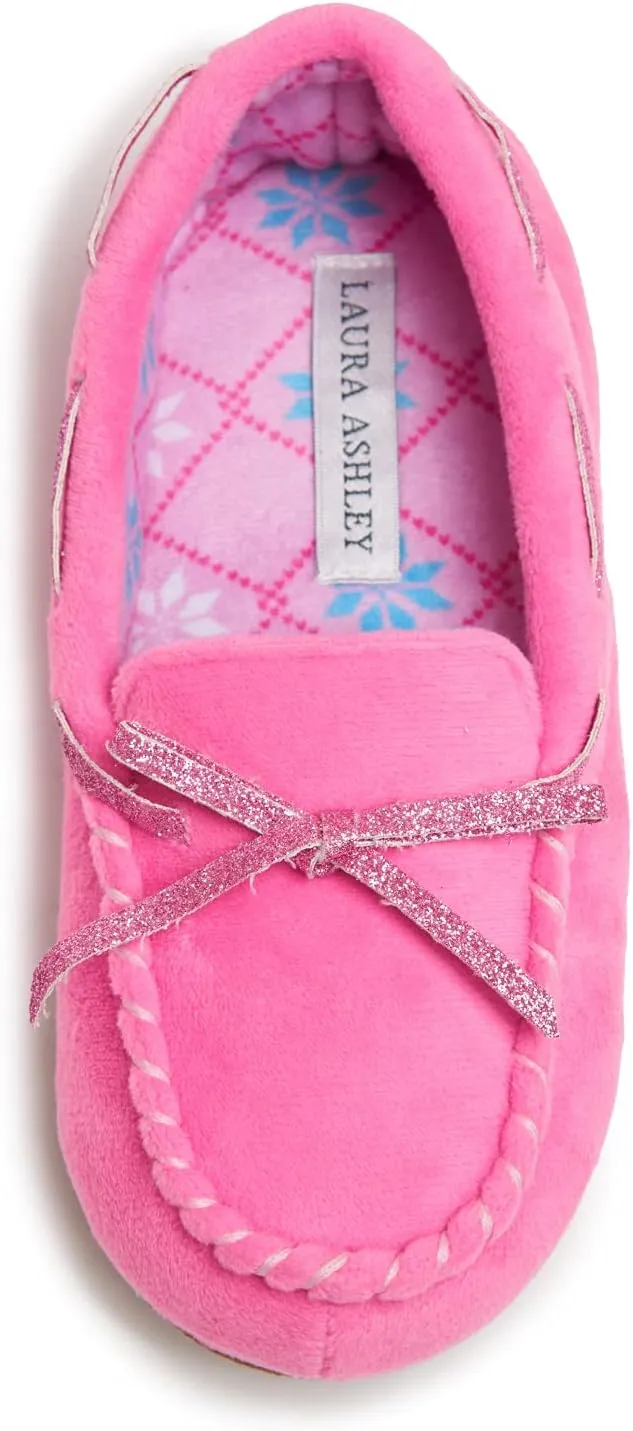Laura Ashley Fleece Girls Moccasin Slippers, Indoor Outdoor Easy to Wear Home Shoes for Kids