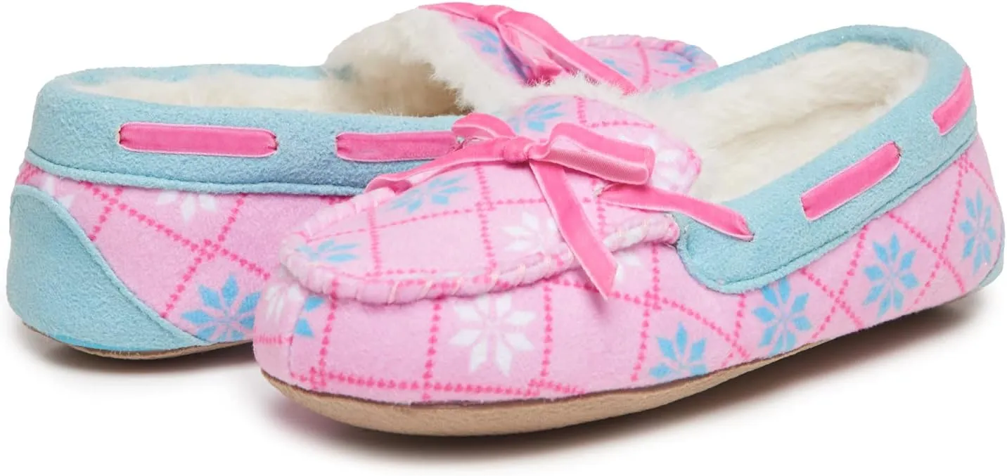 Laura Ashley Fleece Girls Moccasin Slippers, Indoor Outdoor Easy to Wear Home Shoes for Kids