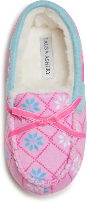 Laura Ashley Fleece Girls Moccasin Slippers, Indoor Outdoor Easy to Wear Home Shoes for Kids