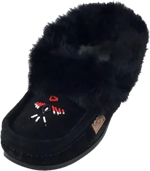 Laurentian Chief Men's Suede Slippers Rabbit Fur Collar Soft Sole Moccasins