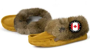 Laurentian Chief Men's Suede with Rabbit Fur Collar Soft Sole Moccasin Slippers for Indoor