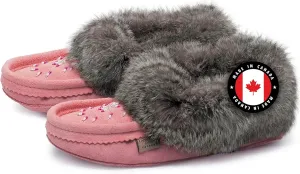Laurentian Chief Moccasin Slippers for Women – Ladies Comfortable Slippers with Real Rabbit Fur Trim and Soft Faux Lining – Canada Quality Beaded Style Warmie Shoes for House Indoor
