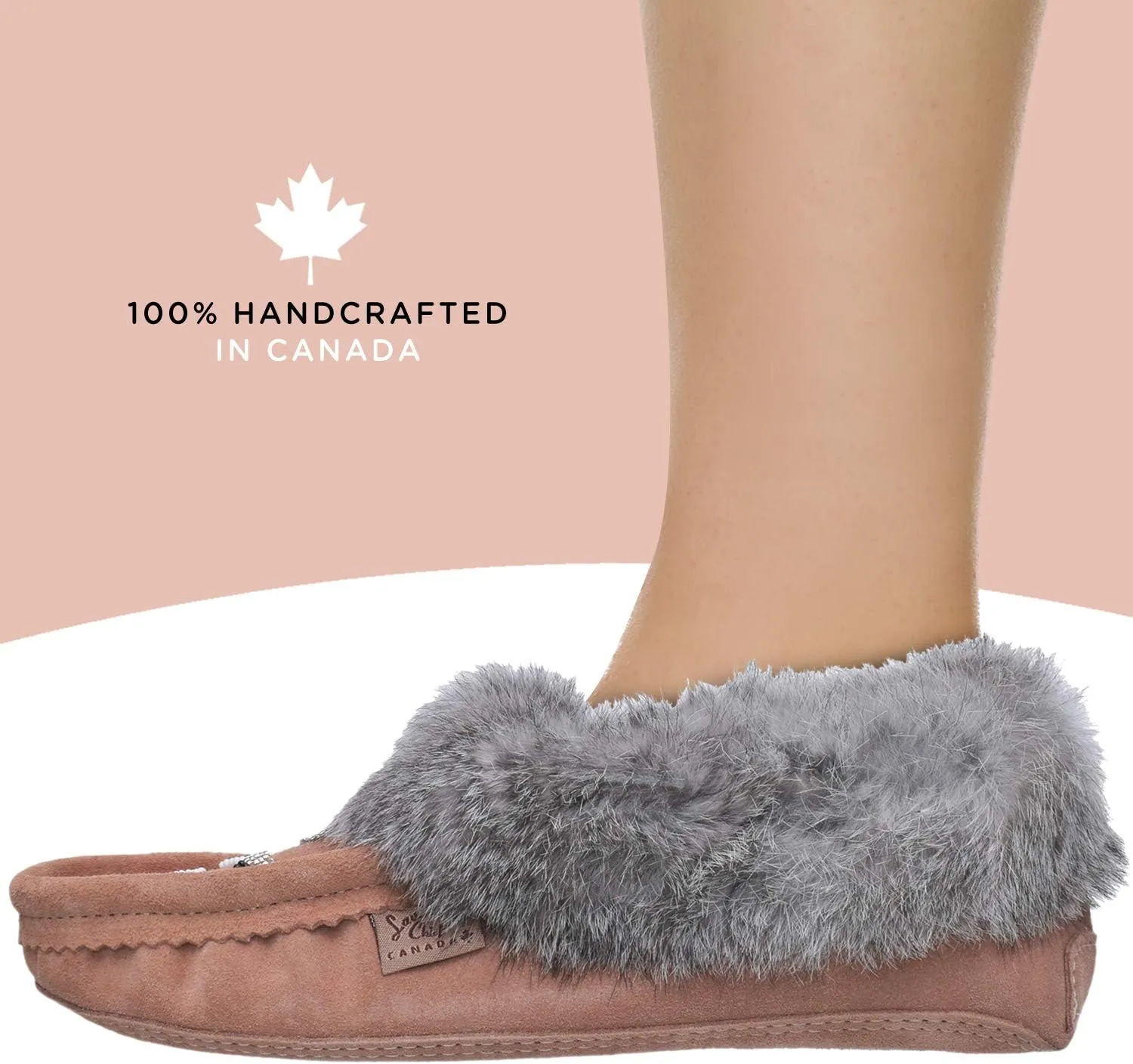 Laurentian Chief Moccasin Slippers for Women – Ladies Comfortable Slippers with Real Rabbit Fur Trim and Soft Faux Lining – Canada Quality Beaded Style Warmie Shoes for House Indoor