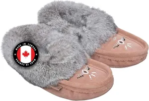 Laurentian Chief Moccasin Slippers for Women – Ladies Comfortable Slippers with Real Rabbit Fur Trim and Soft Faux Lining – Canada Quality Beaded Style Warmie Shoes for House Indoor