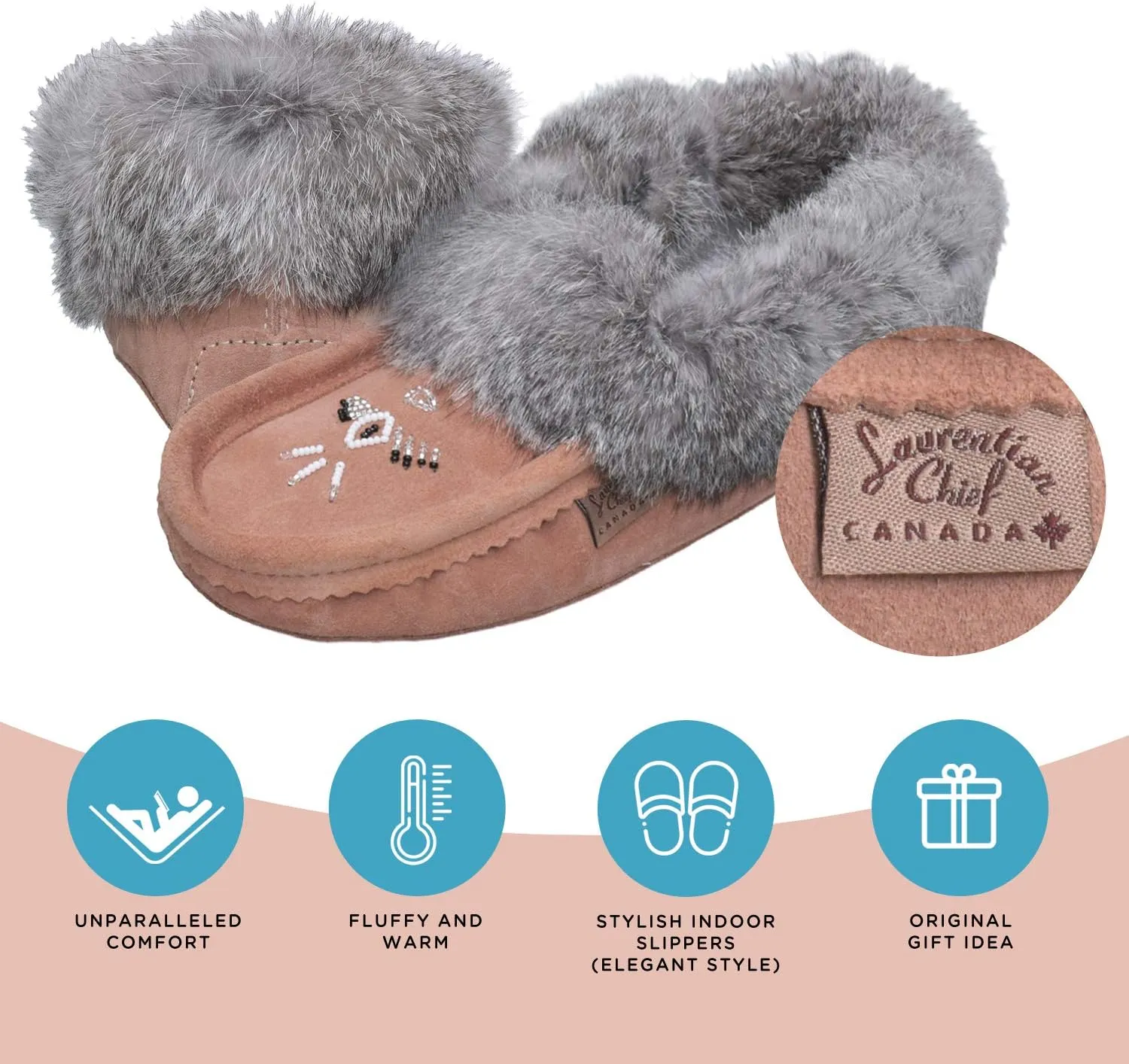 Laurentian Chief Moccasin Slippers for Women – Ladies Comfortable Slippers with Real Rabbit Fur Trim and Soft Faux Lining – Canada Quality Beaded Style Warmie Shoes for House Indoor