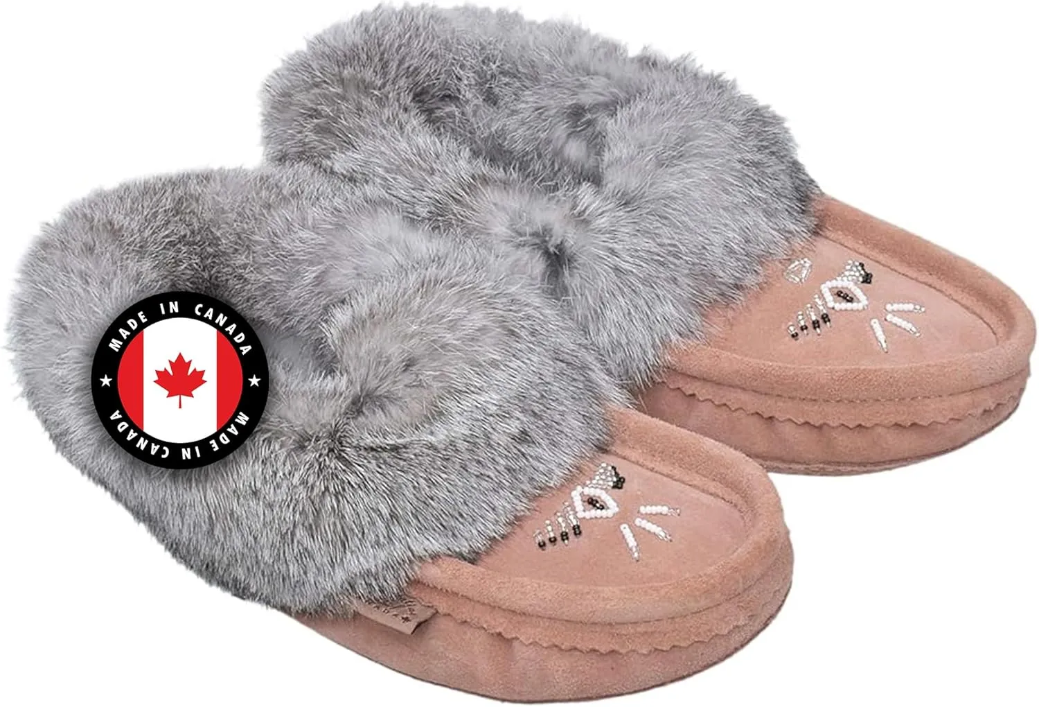 Laurentian Chief Moccasin Slippers for Women – Ladies Comfortable Slippers with Real Rabbit Fur Trim and Soft Faux Lining – Canada Quality Beaded Style Warmie Shoes for House Indoor