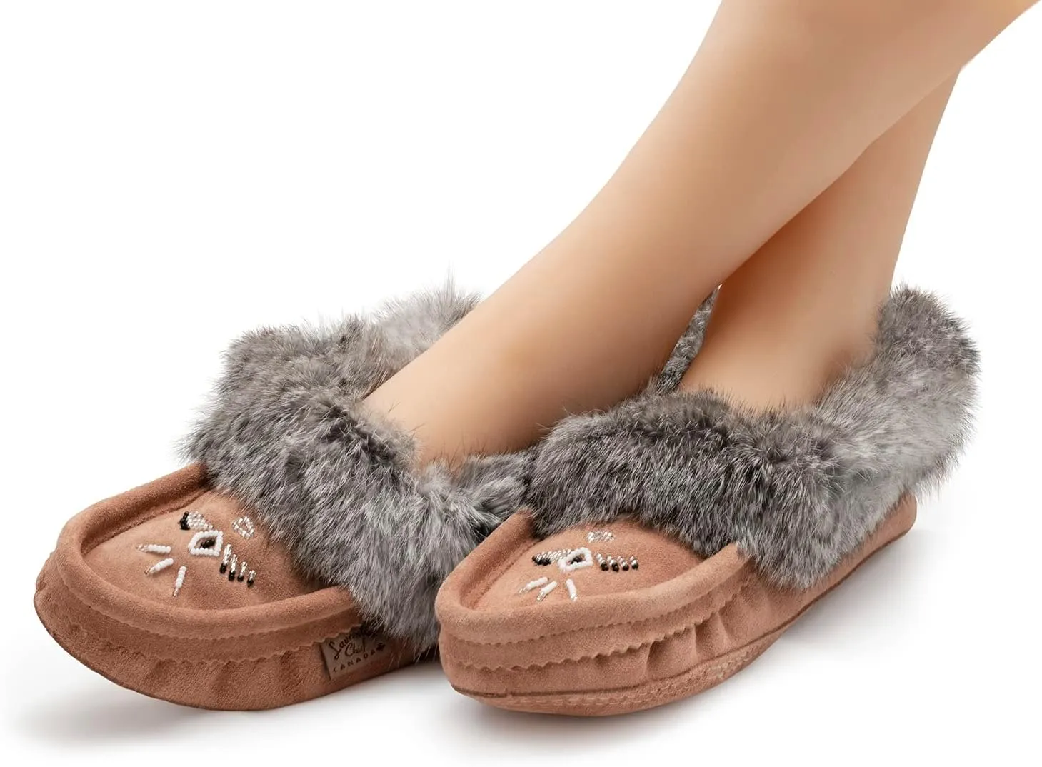 Laurentian Chief Moccasin Slippers for Women – Ladies Comfortable Slippers with Real Rabbit Fur Trim and Soft Faux Lining – Canada Quality Beaded Style Warmie Shoes for House Indoor
