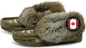 Laurentian Chief Moccasin Slippers for Women – Ladies Comfortable Slippers with Real Rabbit Fur Trim and Soft Faux Lining – Canada Quality Beaded Style Warmie Shoes for House Indoor