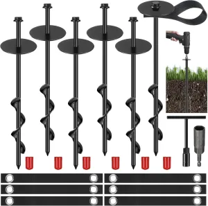 LEIFIDE 6 Set 12'' Trampoline Anchors Trampoline Stakes Ground Anchors Kit Hind Wind Beach Sand Stakes for Hiking Camping with Belt Straps (Black)