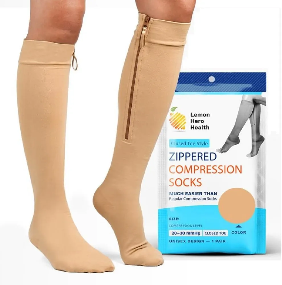 Lemon Hero Zipper Compression Socks for Women and Men Closed Toe 20-30 mmhg Zippered Compression Socks with Zip Guard