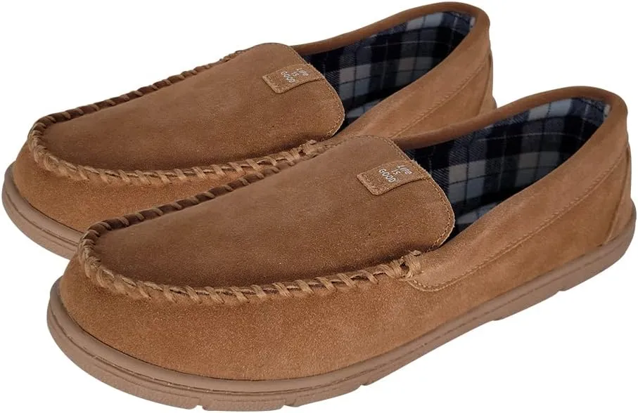 Life is Good Men's Plain Toe Moccasin House Shoes, 302792M - Suede Close Back Indoor/Outdoor Slip-Ons - Comfy & Durable Loafers with Cushioned Footbed & TPR Outsoles