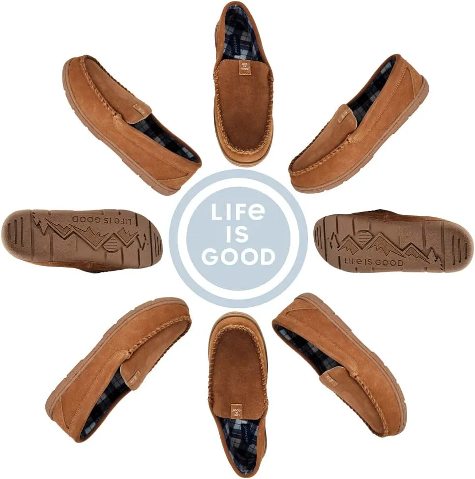 Life is Good Men's Plain Toe Moccasin House Shoes, 302792M - Suede Close Back Indoor/Outdoor Slip-Ons - Comfy & Durable Loafers with Cushioned Footbed & TPR Outsoles