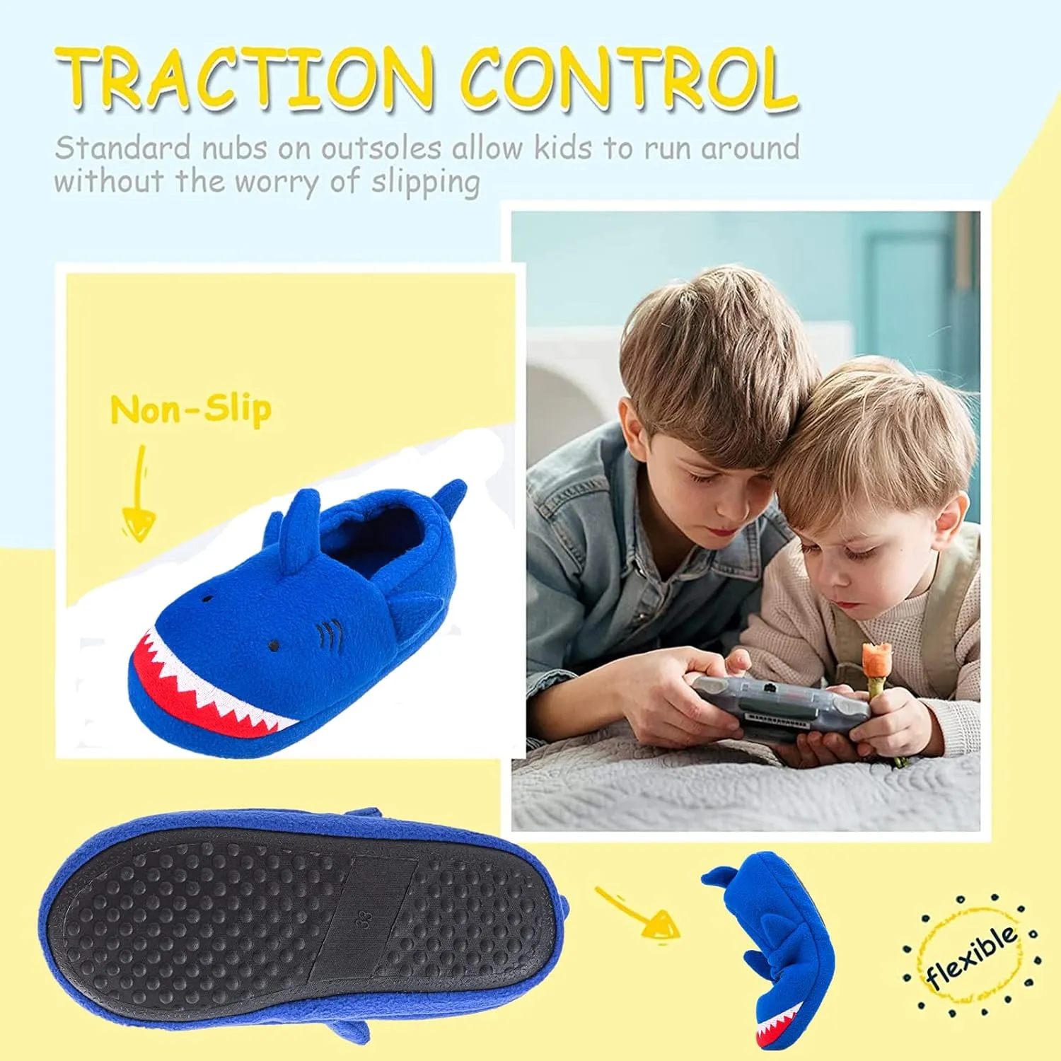 Little Kids Big Boys House Slippers, Kids Warm Slip On Home Slippers with Soft Memory Foam Cute Winter Nonslip Indoor Shark Dinosaur Soccer Dog Slippers