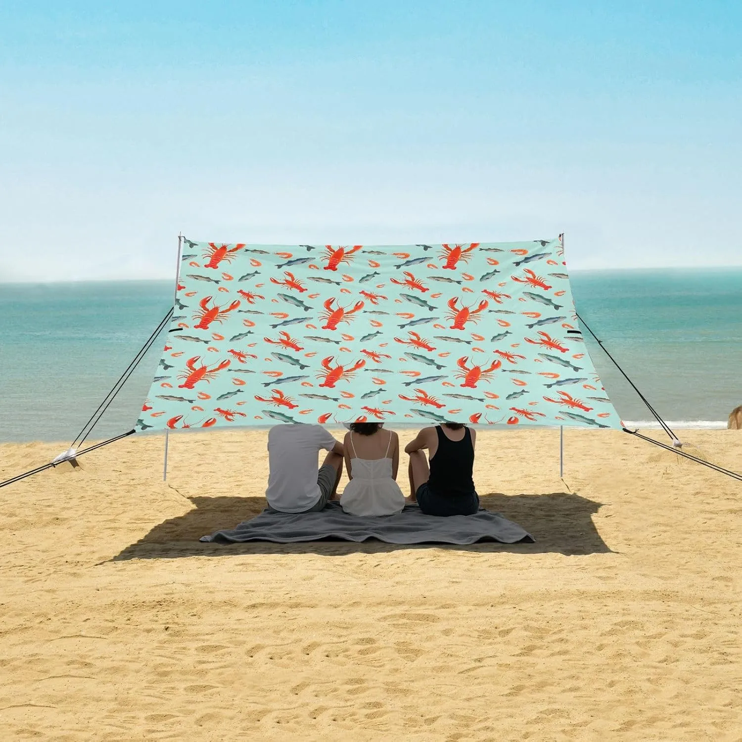 Lobster Sea Food Beach Camping Tent Sun Shelter for Whole Family, Fishes Beach Shade Canopy with UPF50  UV Protection,Easy Set Up and Carry,Outdoor Shade for Trips, Fishing, Backyard Fun Picnics