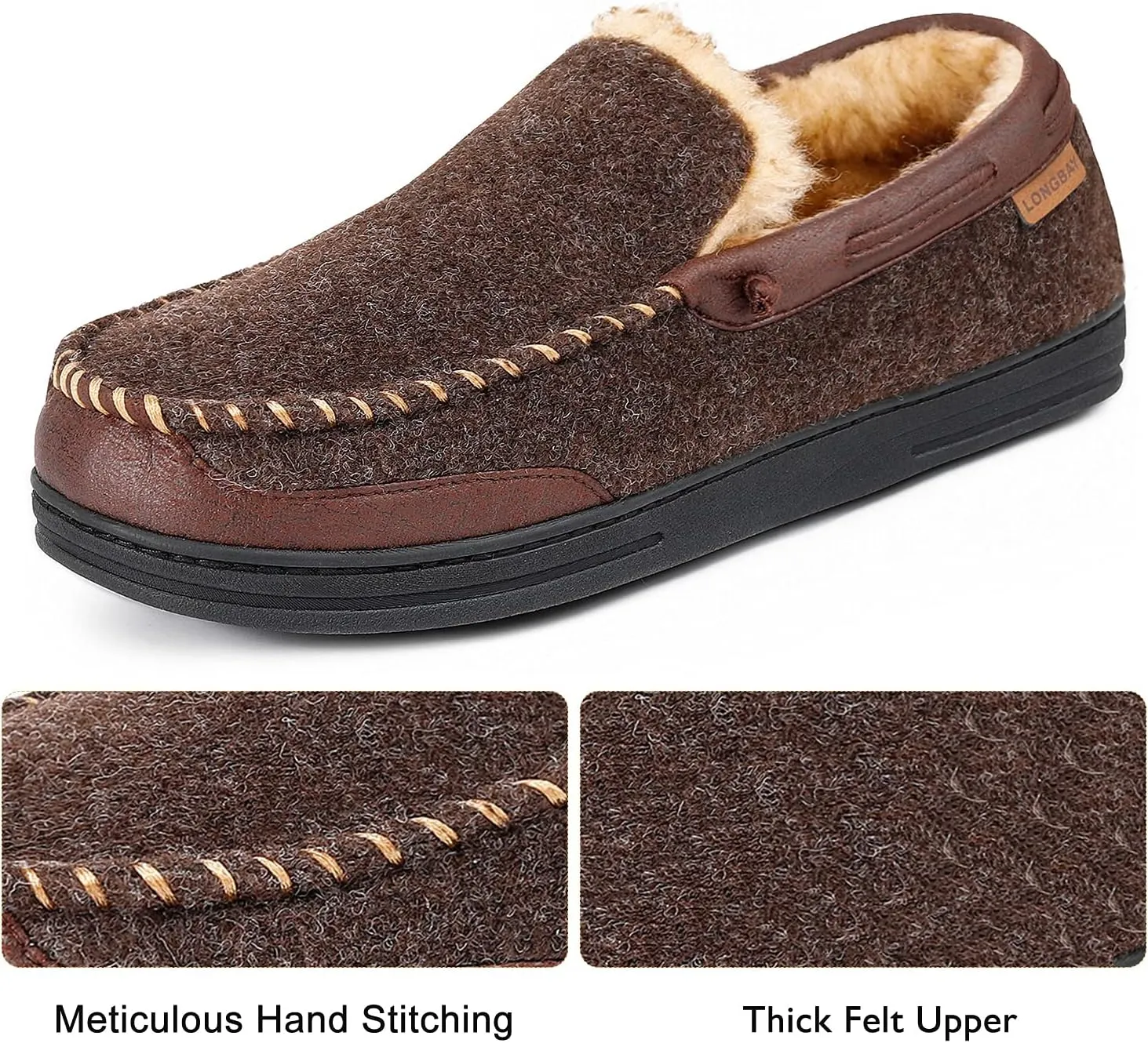 LongBay Mens Moccasin Slippers Warm Cozy House Shoes Indoor Outdoor