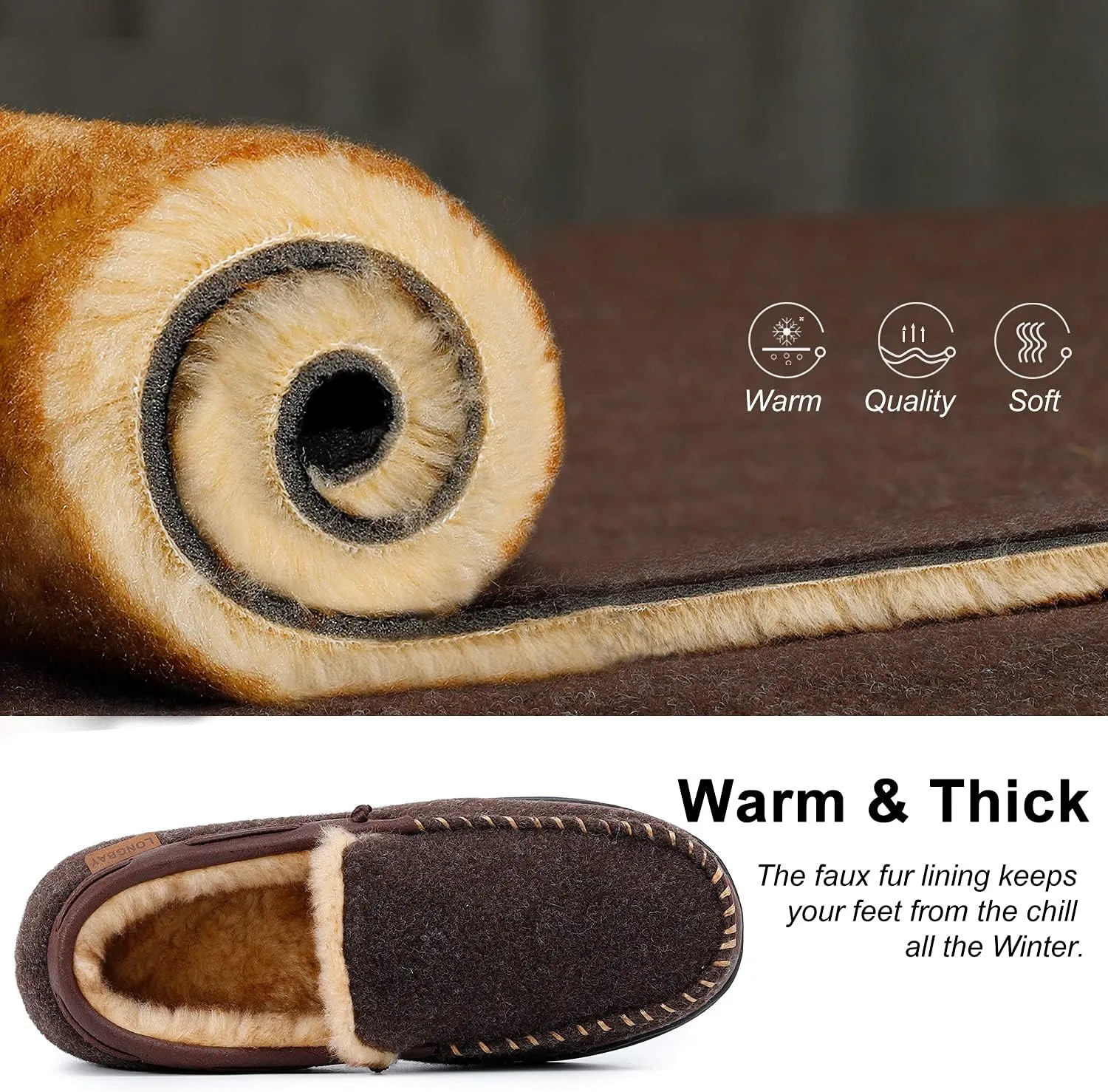 LongBay Mens Moccasin Slippers Warm Cozy House Shoes Indoor Outdoor