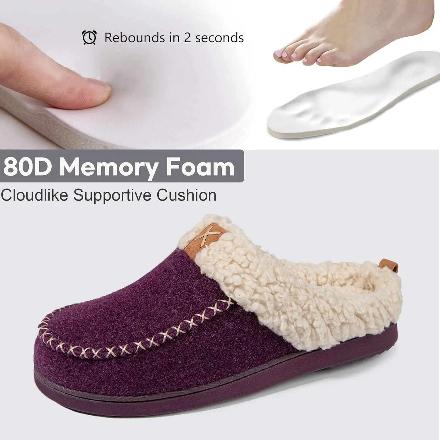 LongBay Womens Felt Sherpa Bedroom Slippers Warm Cozy Wool-Like Moccasin Slippers for Indoor Outdoor Winter Memory Foam House Shoes Slip-On with Fuzzy Plush Lining