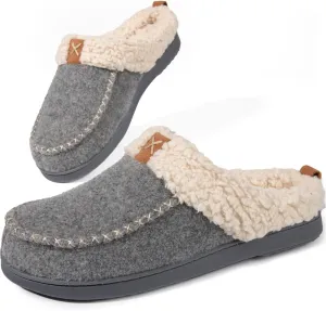 LongBay Womens Felt Sherpa Bedroom Slippers Warm Cozy Wool-Like Moccasin Slippers for Indoor Outdoor Winter Memory Foam House Shoes Slip-On with Fuzzy Plush Lining