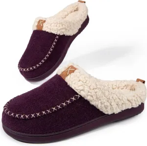 LongBay Womens Felt Sherpa Bedroom Slippers Warm Cozy Wool-Like Moccasin Slippers for Indoor Outdoor Winter Memory Foam House Shoes Slip-On with Fuzzy Plush Lining