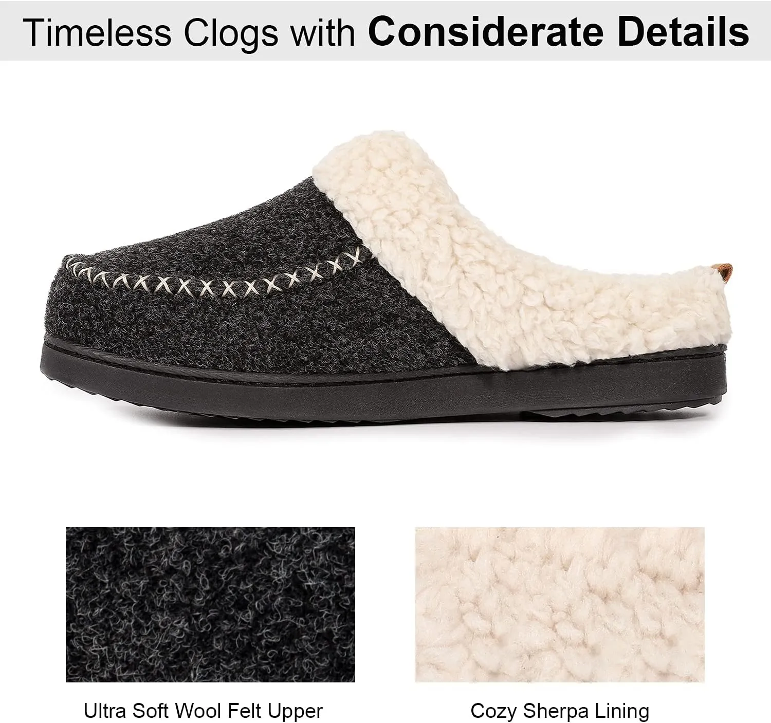 LongBay Womens Felt Sherpa Bedroom Slippers Warm Cozy Wool-Like Moccasin Slippers for Indoor Outdoor Winter Memory Foam House Shoes Slip-On with Fuzzy Plush Lining
