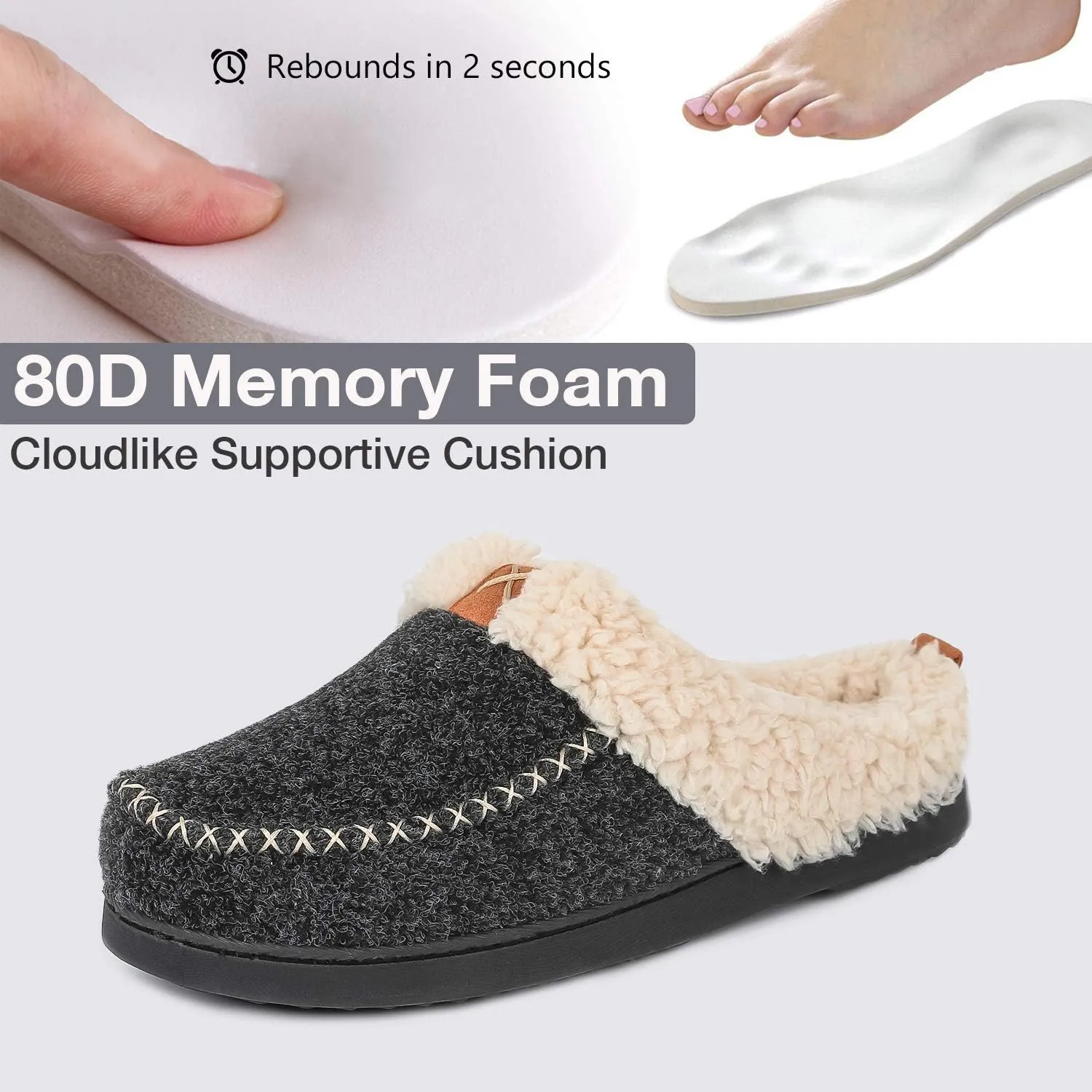 LongBay Womens Felt Sherpa Bedroom Slippers Warm Cozy Wool-Like Moccasin Slippers for Indoor Outdoor Winter Memory Foam House Shoes Slip-On with Fuzzy Plush Lining