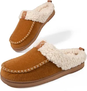 LongBay Womens Felt Sherpa Bedroom Slippers Warm Cozy Wool-Like Moccasin Slippers for Indoor Outdoor Winter Memory Foam House Shoes Slip-On with Fuzzy Plush Lining