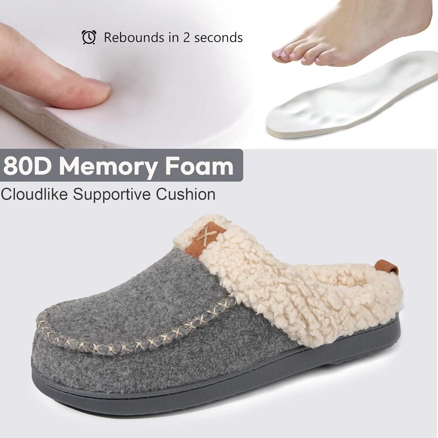 LongBay Womens Felt Sherpa Bedroom Slippers Warm Cozy Wool-Like Moccasin Slippers for Indoor Outdoor Winter Memory Foam House Shoes Slip-On with Fuzzy Plush Lining