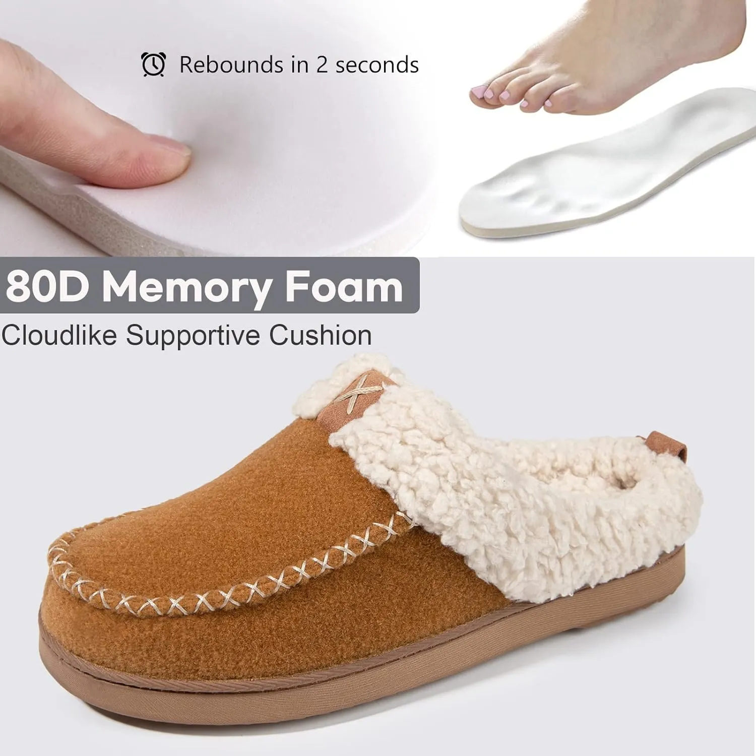 LongBay Womens Felt Sherpa Bedroom Slippers Warm Cozy Wool-Like Moccasin Slippers for Indoor Outdoor Winter Memory Foam House Shoes Slip-On with Fuzzy Plush Lining