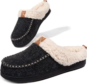 LongBay Womens Felt Sherpa Bedroom Slippers Warm Cozy Wool-Like Moccasin Slippers for Indoor Outdoor Winter Memory Foam House Shoes Slip-On with Fuzzy Plush Lining
