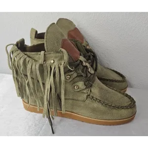 L'Originale Baloboo Women's Fringe Moccasin Boots Size 37 Olive Green Suede